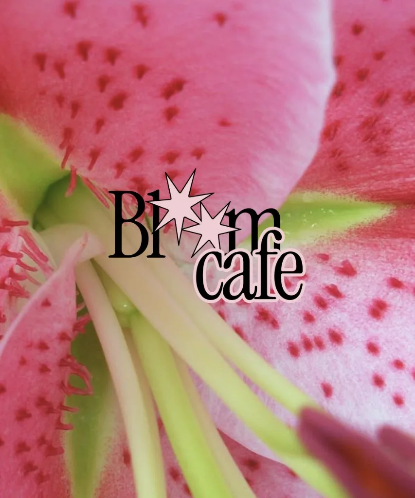 Bloom Cafe identity over a pink lily
