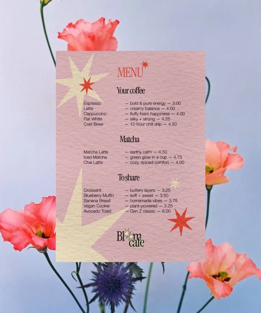 Bloom Cafe menu with a floral backdrop