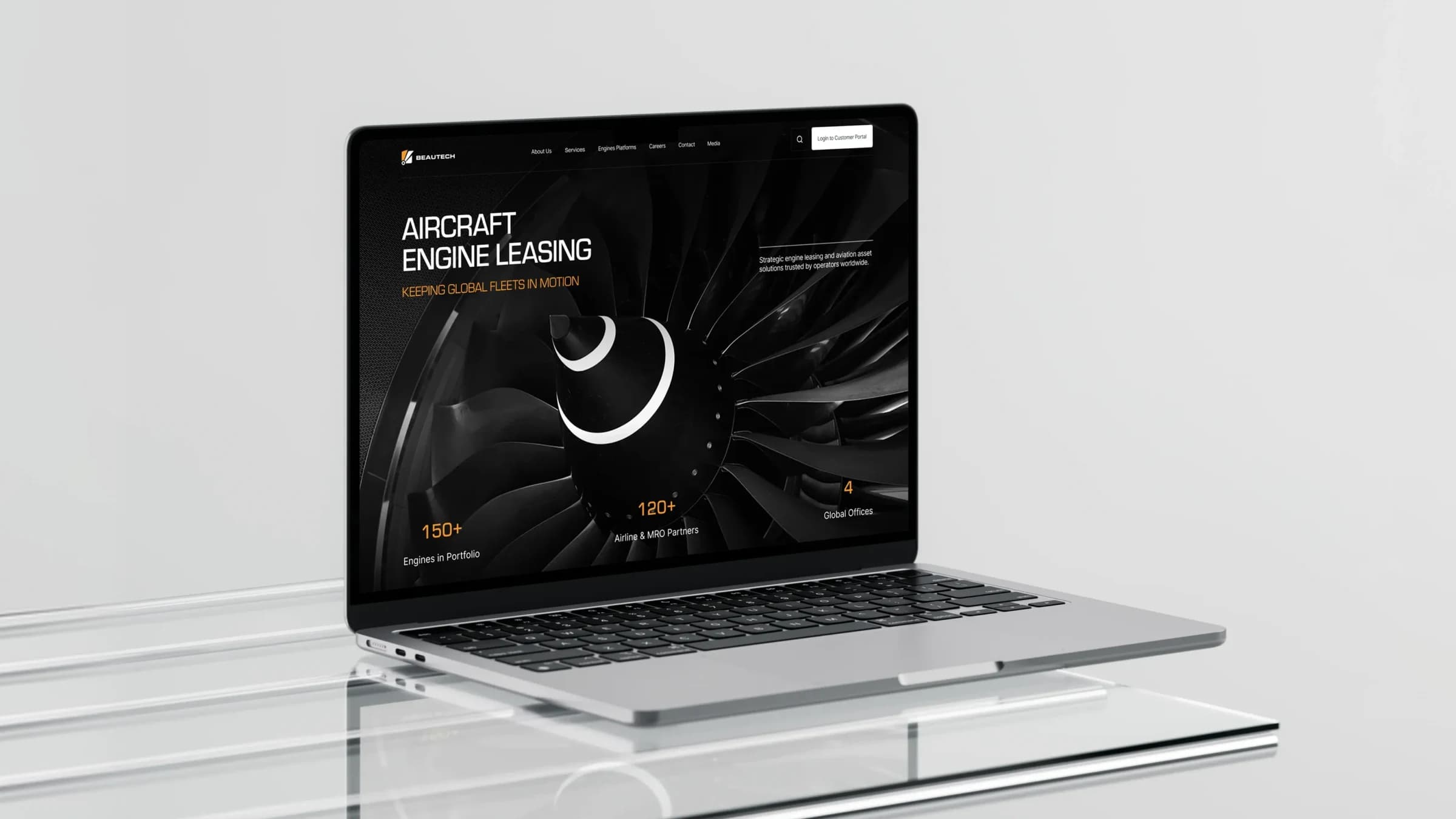 BeauTech aircraft engine leasing website on a laptop
