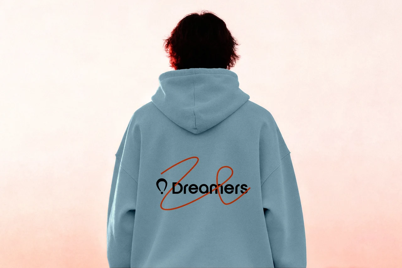 Dreamers hoodie with the wordmark and looping line on the back